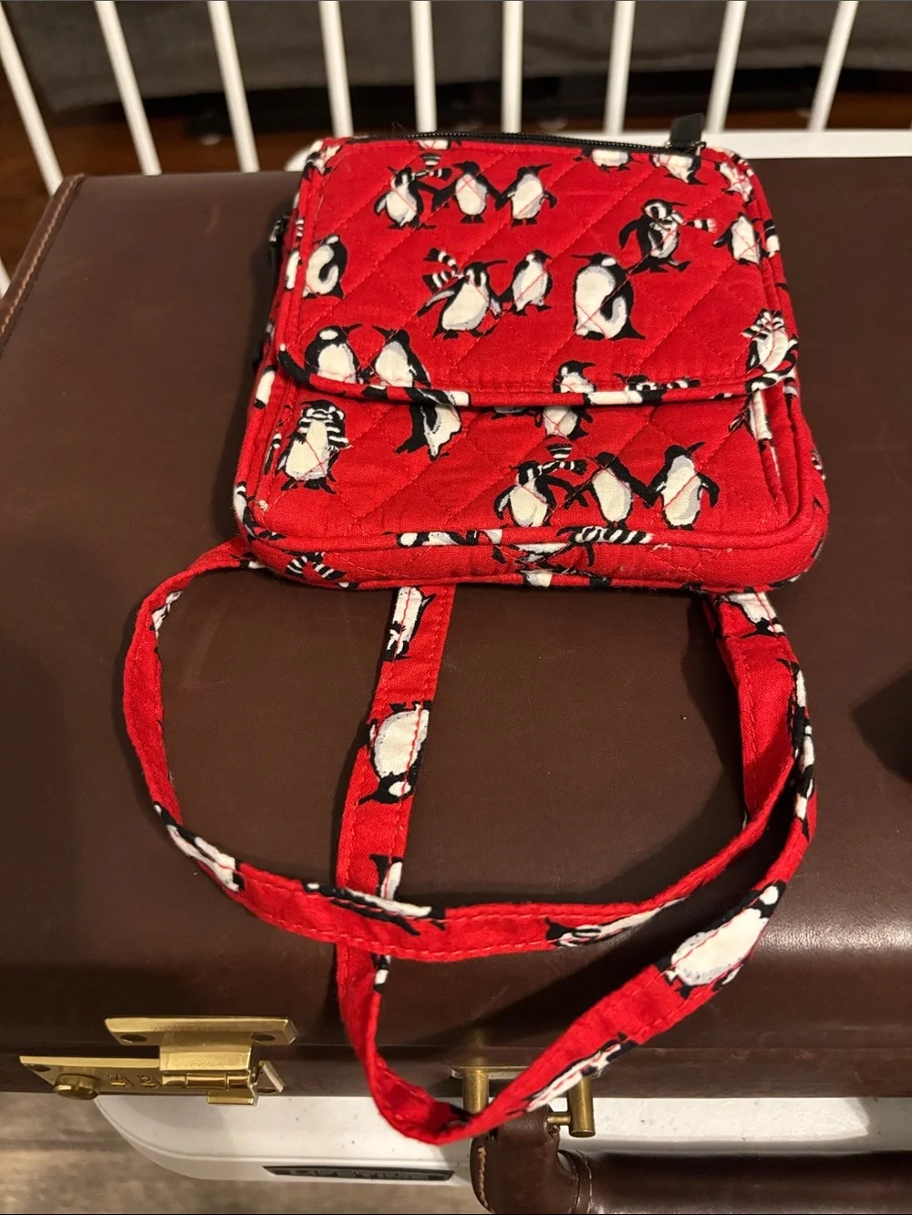 Vera Bradley Red Quilted Crossbody Phone Bag with Penguin Print